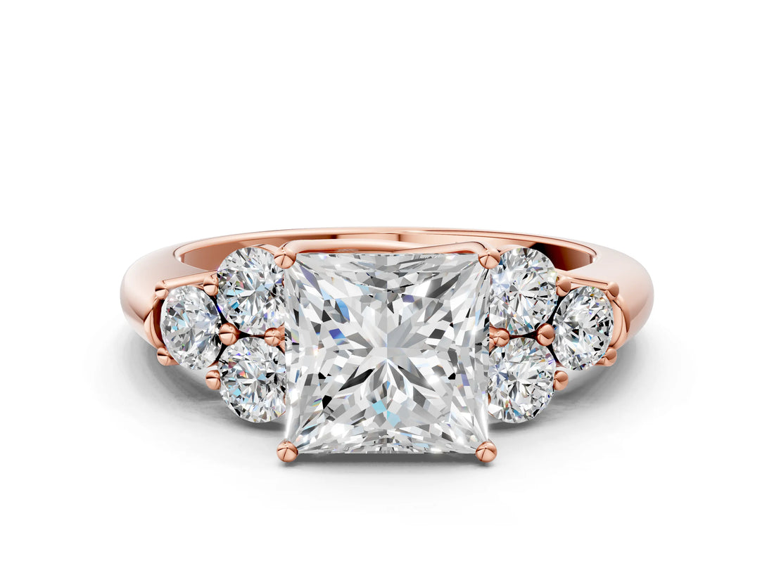 Rose gold Princess Cut Diamond Cluster Ring with Round Accent Stones and Prong Setting on a Classic Band_61