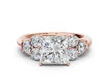 Rose gold Princess Cut Diamond Cluster Ring with Round Accent Stones and Prong Setting on a Classic Band_61