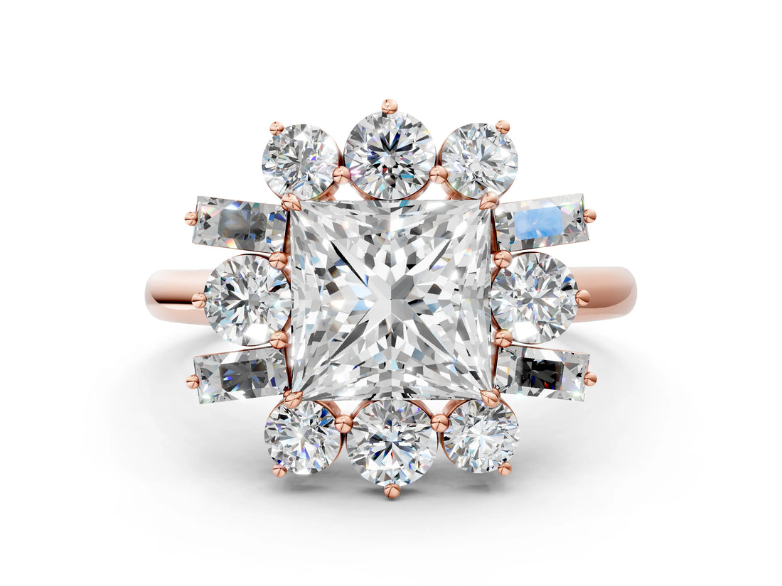 Rose gold Princess Cut Diamond Cluster Ring with Round and Baguette Stones, Split Shank Band, Prong Setting_3
