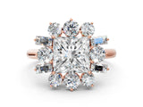 Rose gold Princess Cut Diamond Cluster Ring with Round and Baguette Stones, Split Shank Band, Prong Setting_3