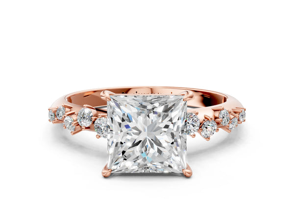 Rose gold Princess Cut Diamond Cluster Side Stone Solitaire Ring with Prong Setting