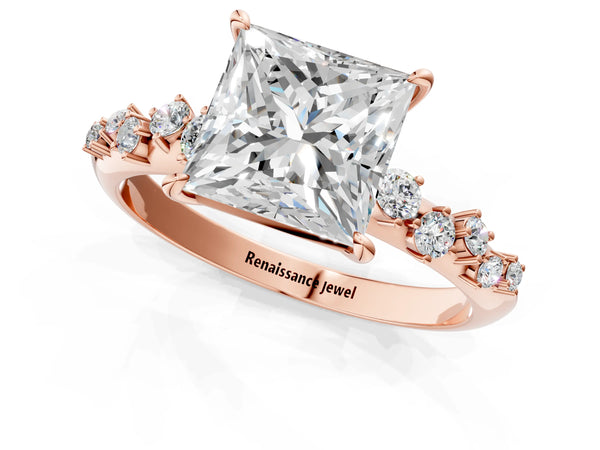 Rose gold Princess Cut Diamond Cluster Side Stone Solitaire Ring with Prong Setting