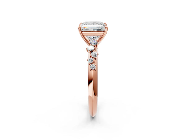 Rose gold Princess Cut Diamond Cluster Side Stone Solitaire Ring with Prong Setting