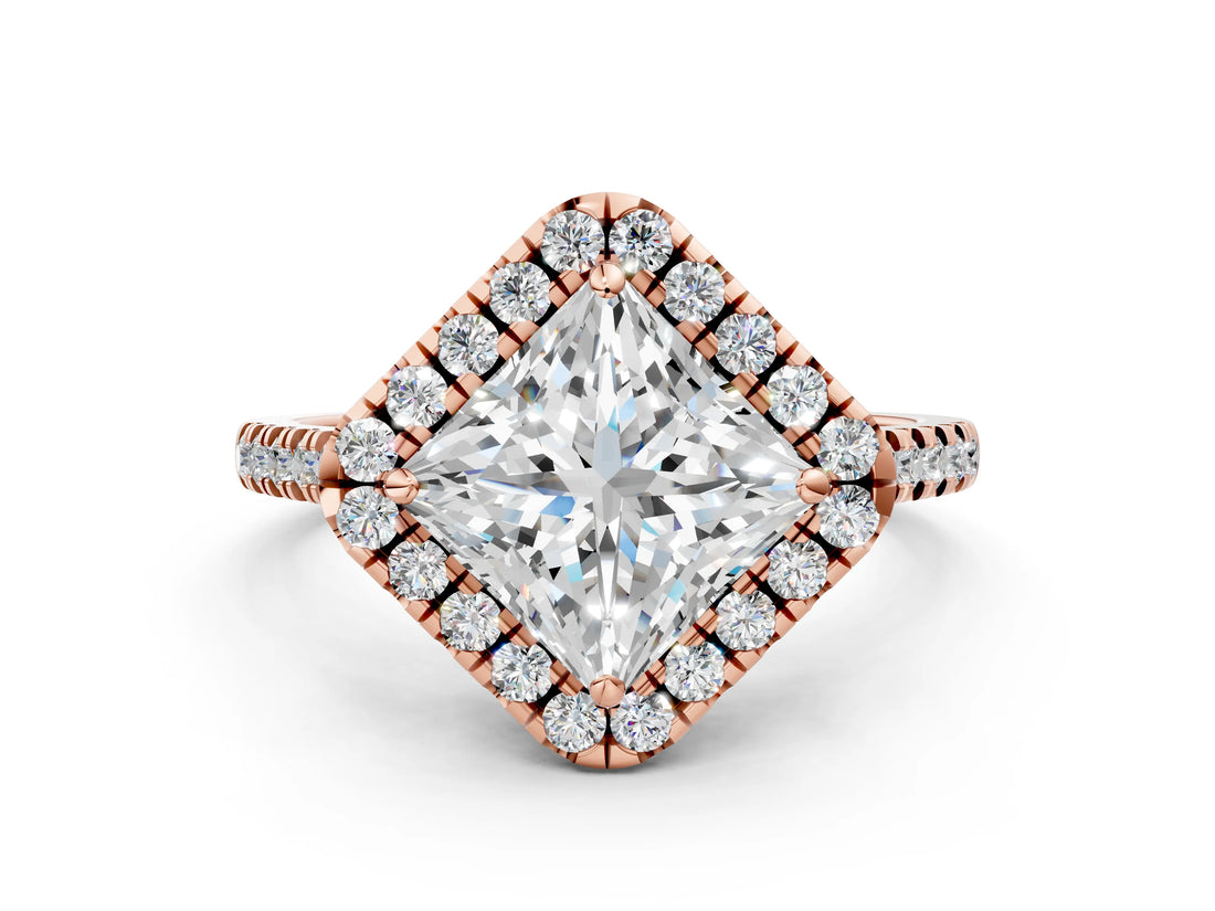 Rose gold Princess Cut Diamond Cushion Halo Ring with Pavé Band_15