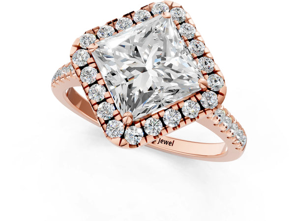 Rose Gold Princess Cut Contoured Halo Pave Engagement Ring Setting