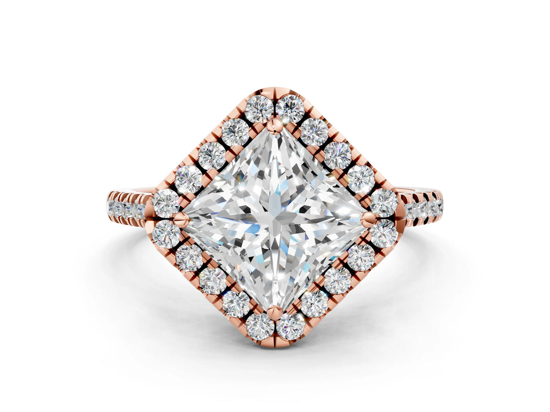 Rose gold Princess Cut Diamond Cushion Halo Ring with Pavé Band_3