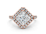 Rose gold Princess Cut Diamond Cushion Halo Ring with Pavé Band_3