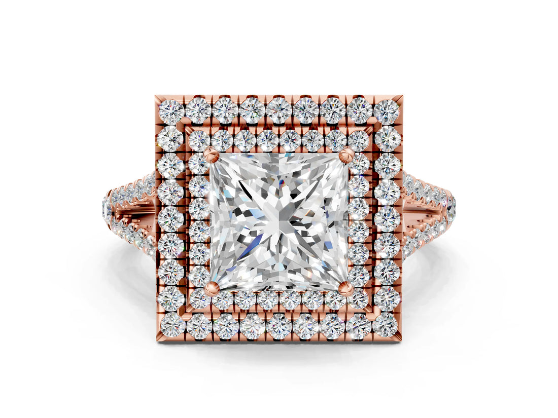 Rose gold Princess Cut Diamond Double Halo Ring with Pavé Band and Prong Setting_103