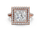 Rose gold Princess Cut Diamond Double Halo Ring with Pavé Band and Prong Setting_103