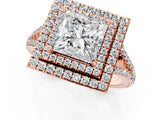 Rose gold Princess Cut Diamond Double Halo Ring with Pavé Band and Prong Setting_104