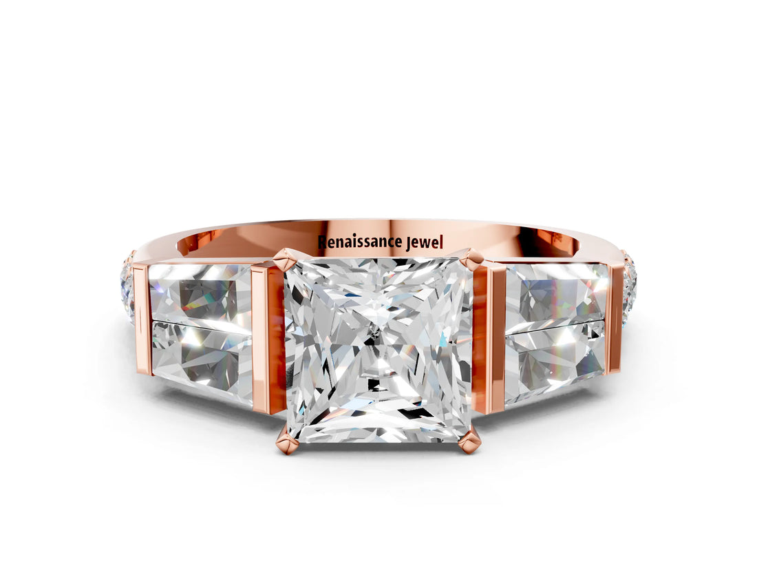 Rose gold Princess Cut Diamond Engagement Ring with Baguette Side Stones and Channel Set Band_42