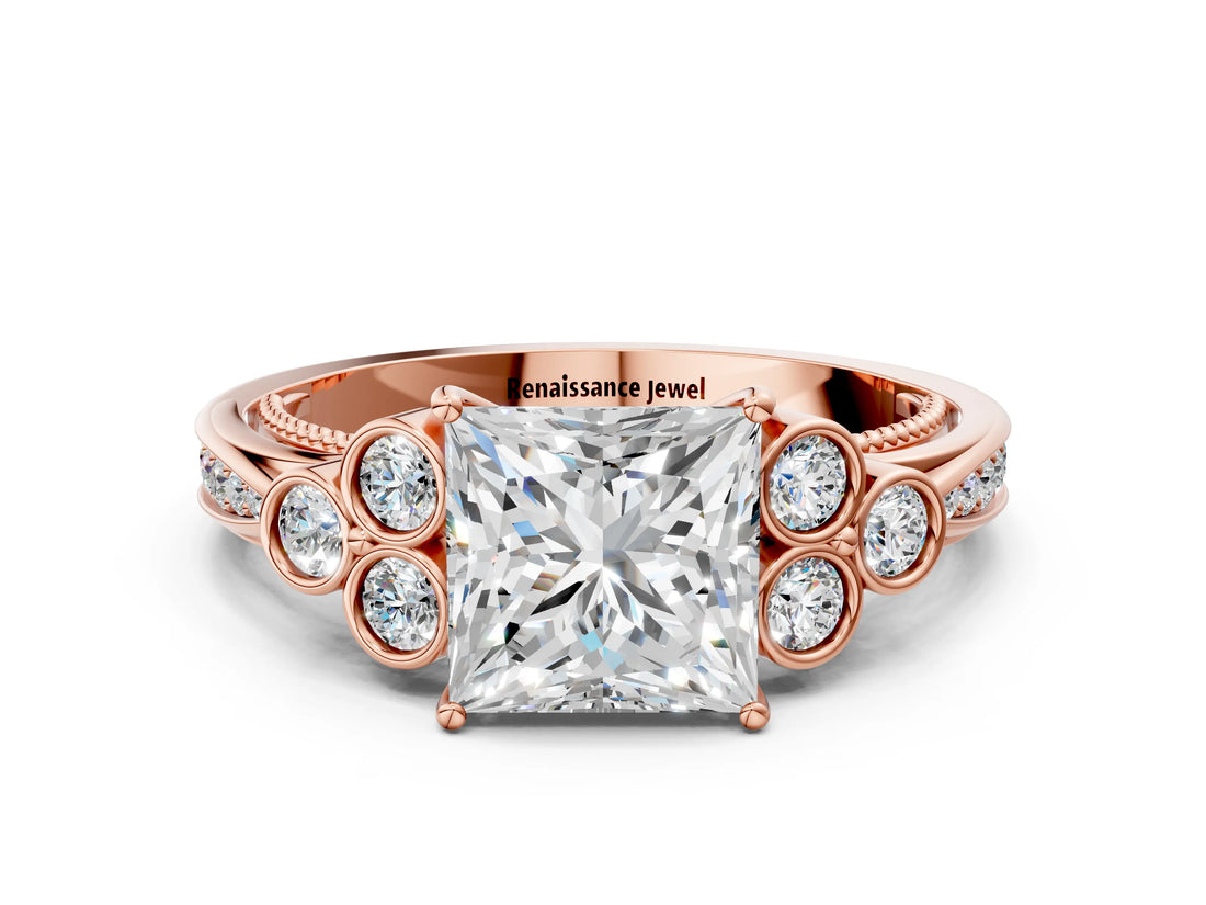 Rose gold Princess Cut Diamond Engagement Ring with Bezel Set Round Side Stones and Prong Setting_59