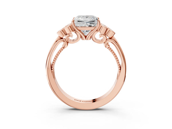 Rose Gold Princess Cut Vintage Engagement Ring Setting with Bezel-Set Shoulder Clusters and Milgrain