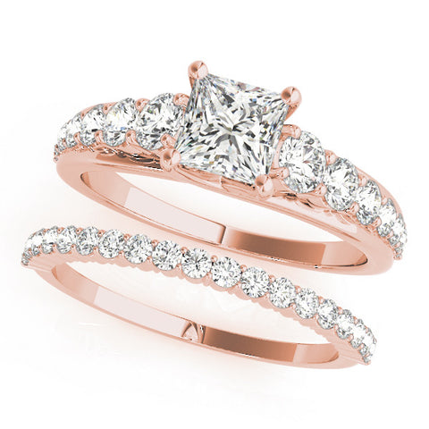 Rose gold Princess Cut Diamond Engagement Ring with Pavé Band and Four-Prong Setting