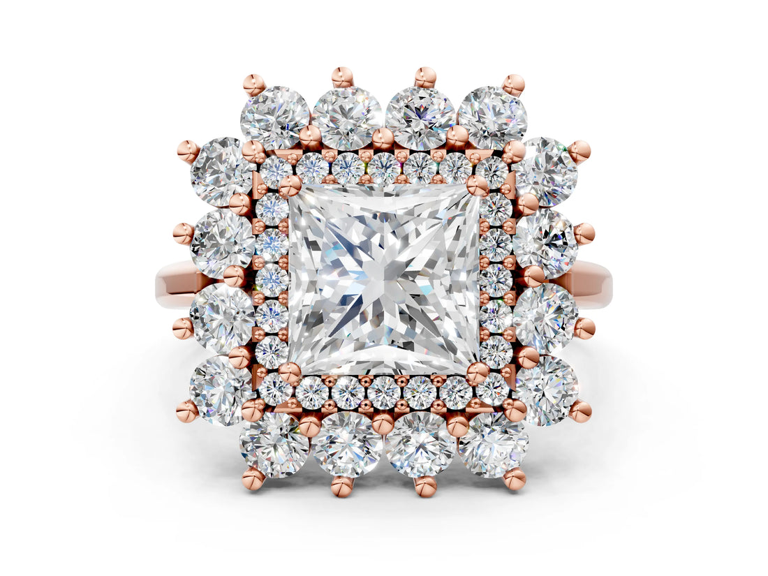 Rose gold Princess Cut Diamond Floral Double Halo Engagement Ring with Prong Setting_15