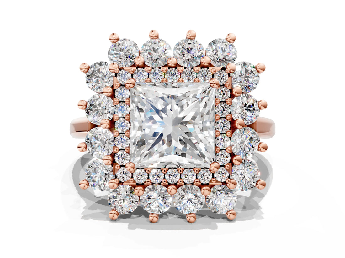 Rose gold Princess Cut Diamond Floral Double Halo Engagement Ring with Prong Setting_63