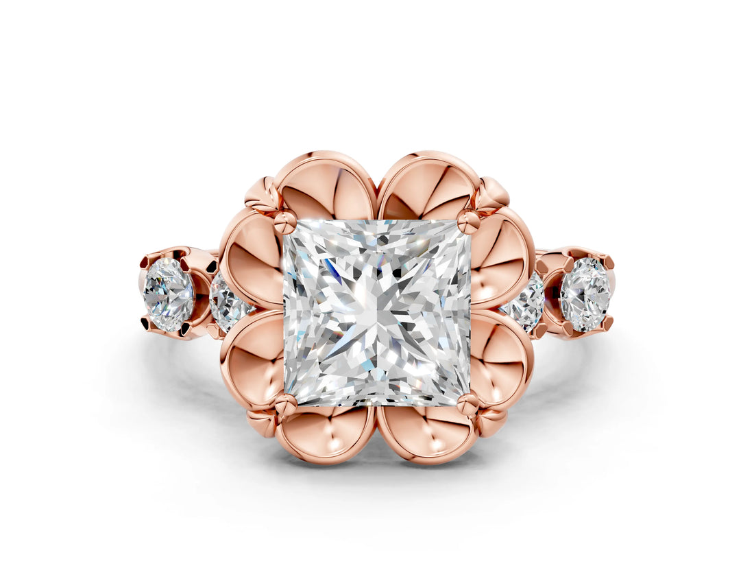 Rose gold Princess Cut Diamond Floral Halo Engagement Ring with Shared Prong Setting