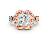 Rose gold Princess Cut Diamond Floral Halo Engagement Ring with Shared Prong Setting
