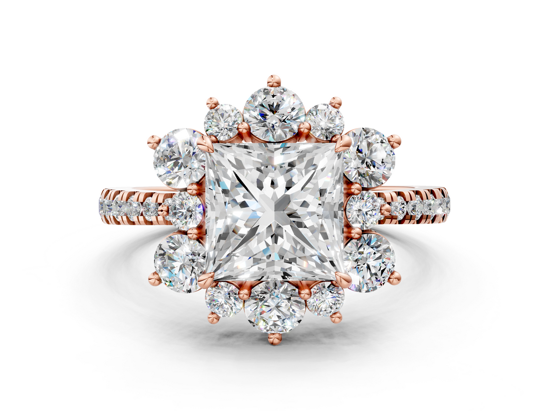 Rose gold Princess Cut Diamond Floral Halo Pave Band with Prong Setting_37