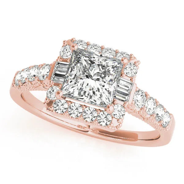 Rose gold Princess Cut Diamond Halo Engagement Ring with Baguette Accents and Pavé Band