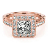 Rose gold Princess Cut Diamond Halo Engagement Ring with Milgrain Detail and Engraved Band 1
