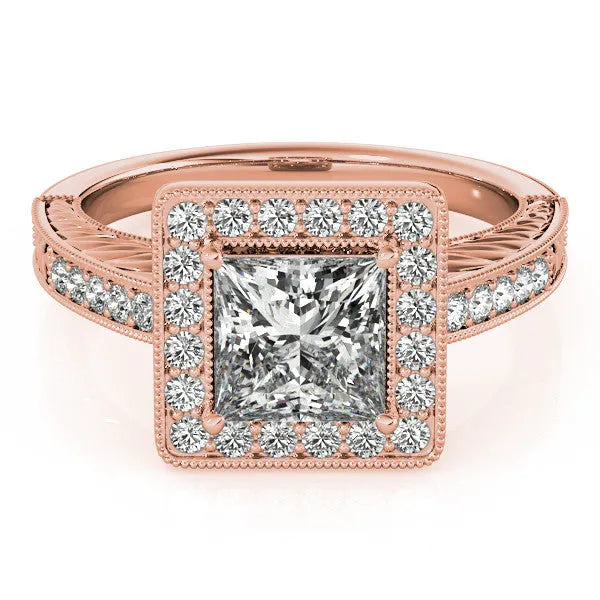 Rose gold Princess Cut Diamond Halo Engagement Ring with Milgrain Detail and Engraved Band