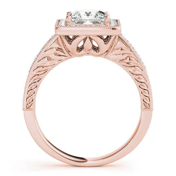 Rose gold Princess Cut Diamond Halo Engagement Ring with Milgrain Detail and Engraved Band