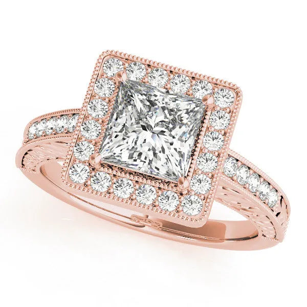 Rose gold Princess Cut Diamond Halo Engagement Ring with Milgrain Detail and Engraved Band