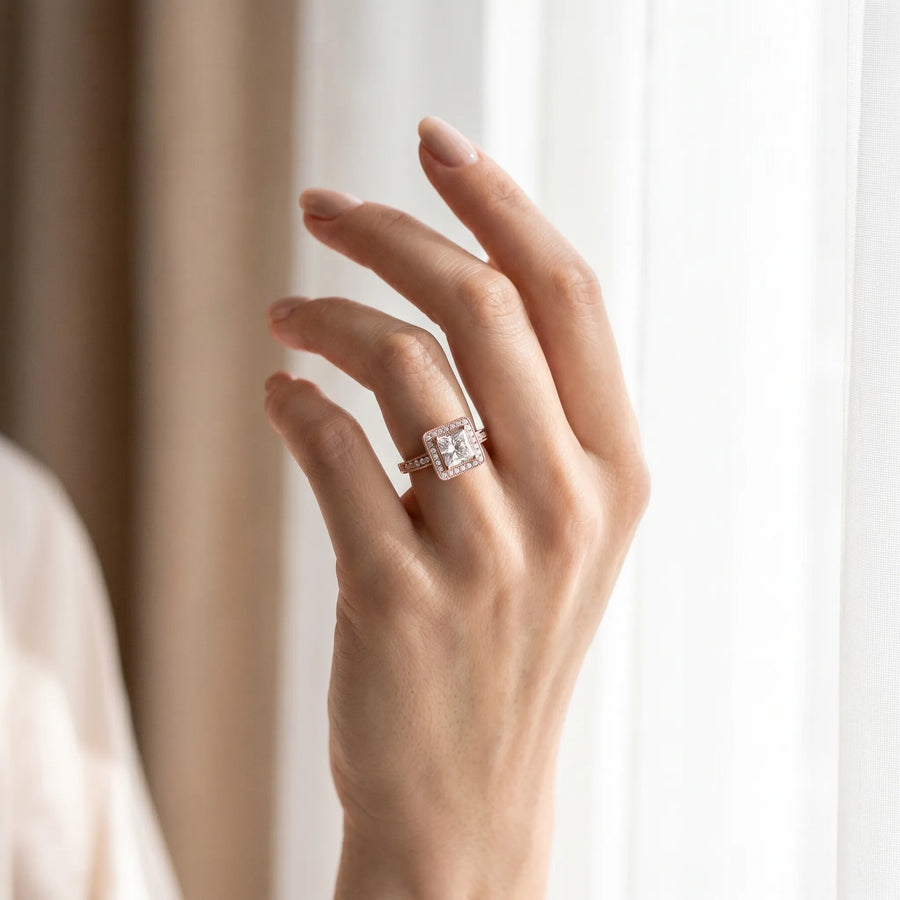 Rose gold Princess Cut Diamond Halo Engagement Ring with Milgrain Detail and Engraved Band