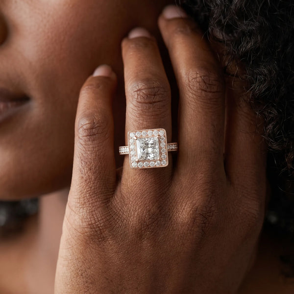 Rose gold Princess Cut Diamond Halo Engagement Ring with Milgrain Detail and Engraved Band