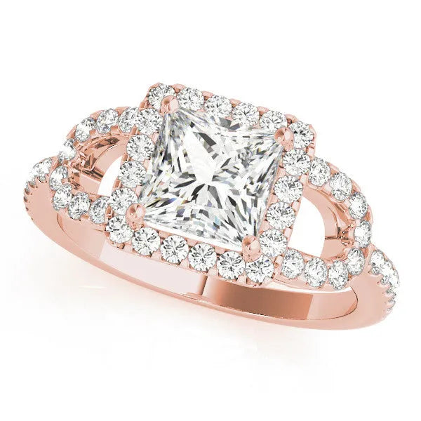 Rose gold Princess Cut Diamond Halo Engagement Ring with Open Split Pavé Band