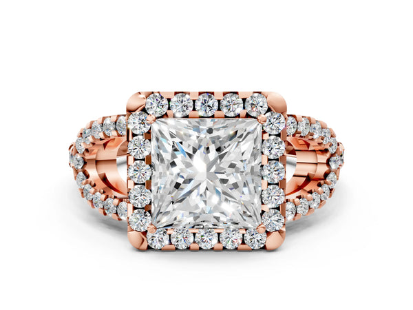 Rose Gold Princess Cut Split Shank Pave Halo Engagement Ring Setting