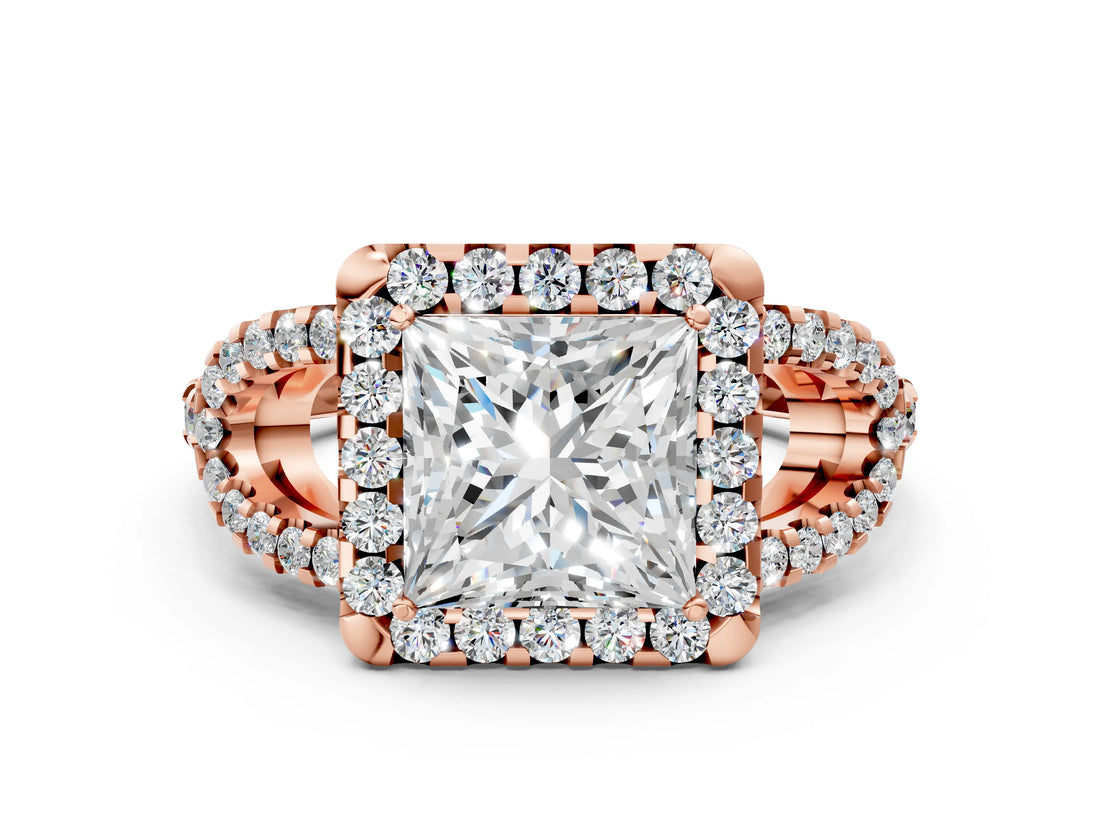 Rose gold Princess Cut Diamond Halo Engagement Ring with Open Split Pavé Band_6