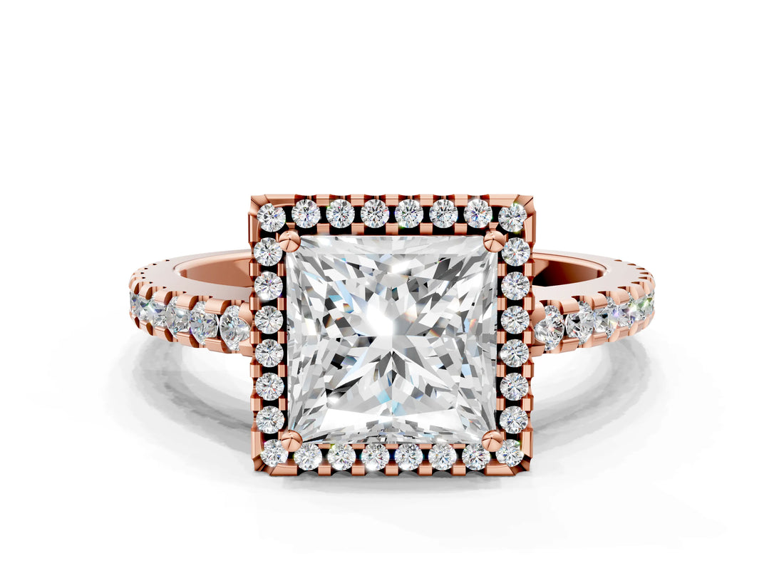 Rose gold Princess Cut Diamond Halo Engagement Ring with Pavé Band and Prong Setting_27