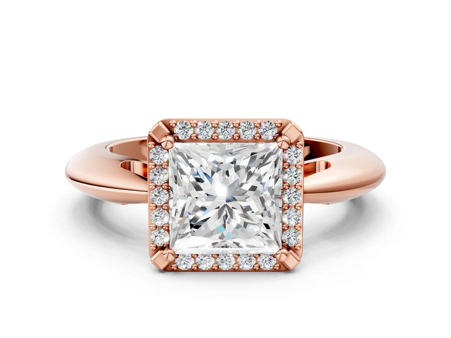 Rose gold Princess Cut Diamond Halo Engagement Ring with Split Shank and Four-Prong Setting