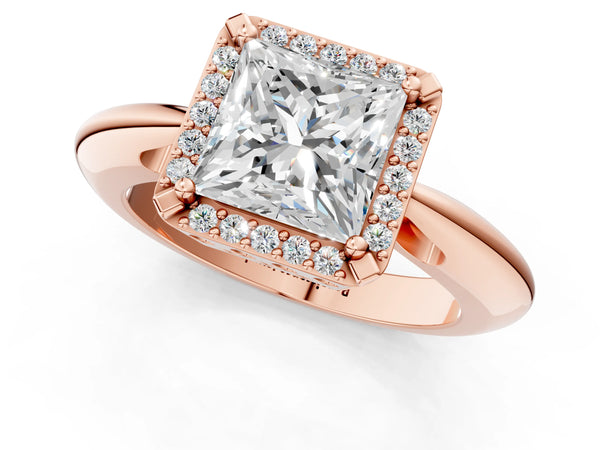 Rose gold Princess Cut Diamond Halo Engagement Ring with Split Shank and Four-Prong Setting