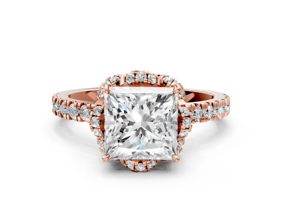 Rose gold Princess Cut Diamond Halo Pave Band with Four-Prong Setting