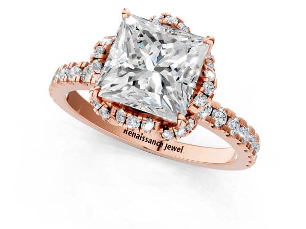 Rose gold Princess Cut Diamond Halo Pave Band with Four-Prong Setting