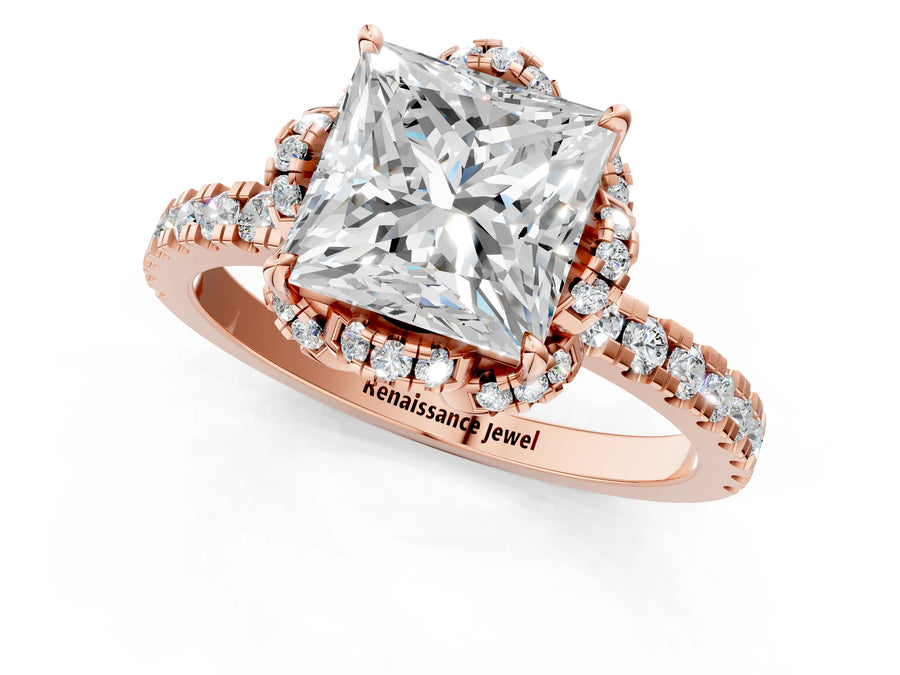 Rose gold Princess Cut Diamond Halo Pave Band with Four-Prong Setting