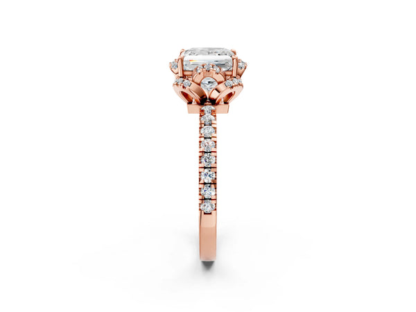 Rose gold Princess Cut Diamond Halo Pave Band with Four-Prong Setting