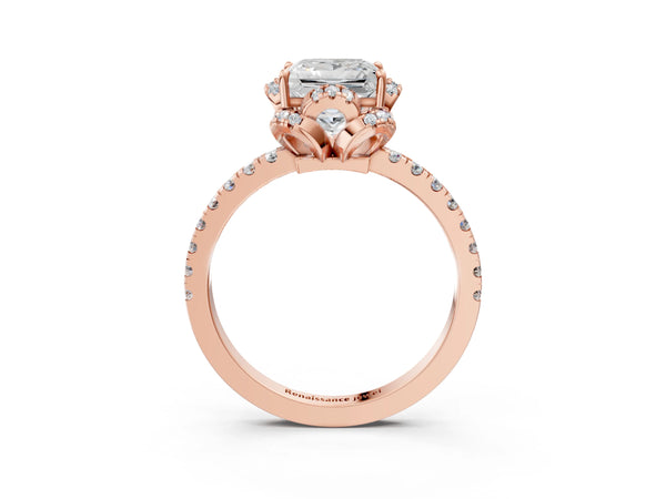 Rose gold Princess Cut Diamond Halo Pave Band with Four-Prong Setting