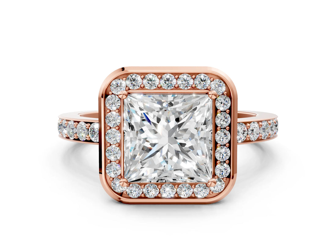 Rose gold Princess Cut Diamond Halo Ring with Bezel Frame and Pavé Band_7