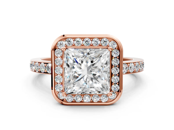 Rose Gold Princess Cut Pave Bezel-Rim Halo Engagement Ring Setting
