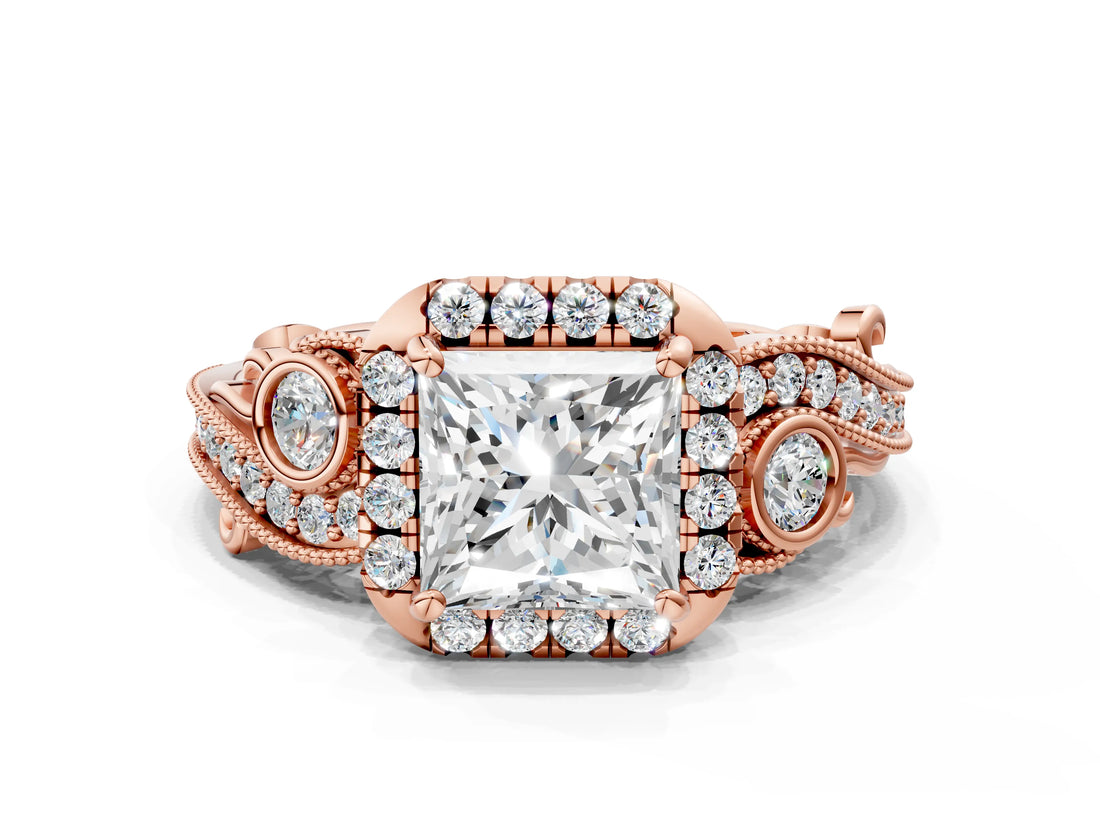 Rose gold Princess Cut Diamond Halo Ring with Milgrain Pavé Band and Four-Prong Setting_58