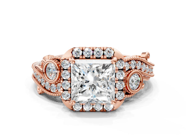 Rose Gold Princess Cut Halo Engagement Ring Setting with Bezel Accents