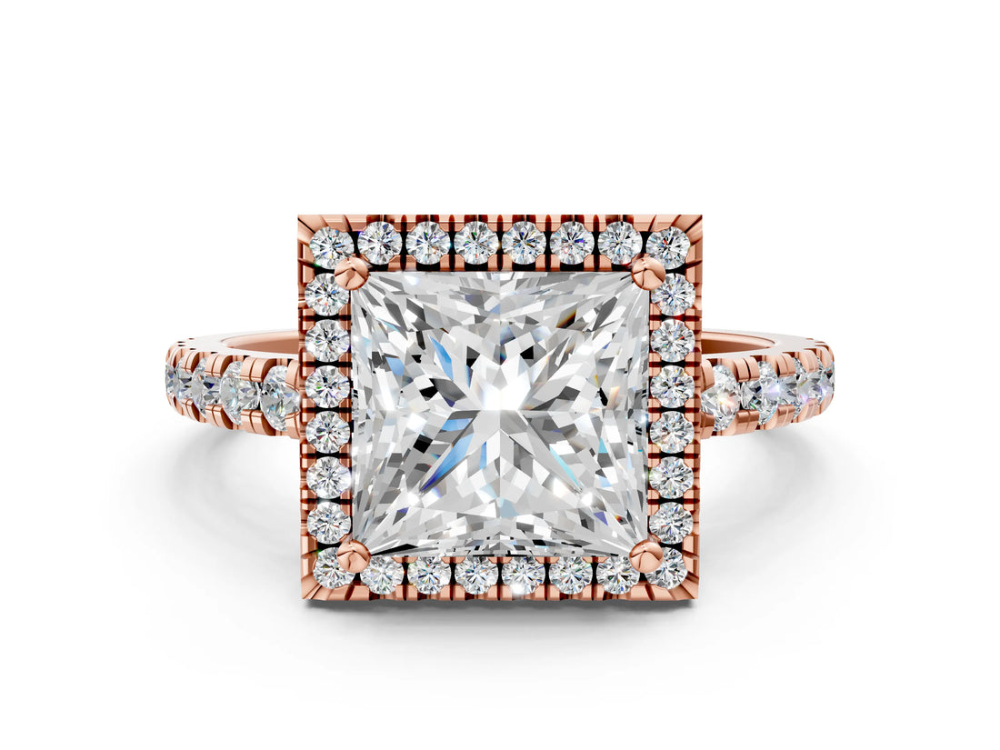 Rose gold Princess Cut Diamond Halo Ring with Pavé Band and Four-Prong Setting_3