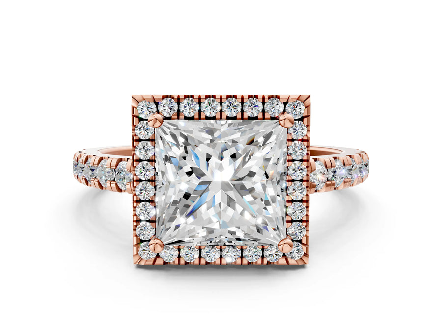 Rose gold Princess Cut Diamond Halo Ring with Pavé Band and Four-Prong Setting