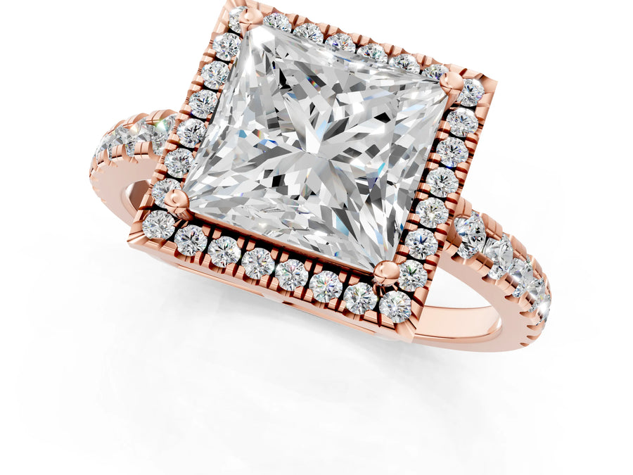 Rose gold Princess Cut Diamond Halo Ring with Pavé Band and Four-Prong Setting