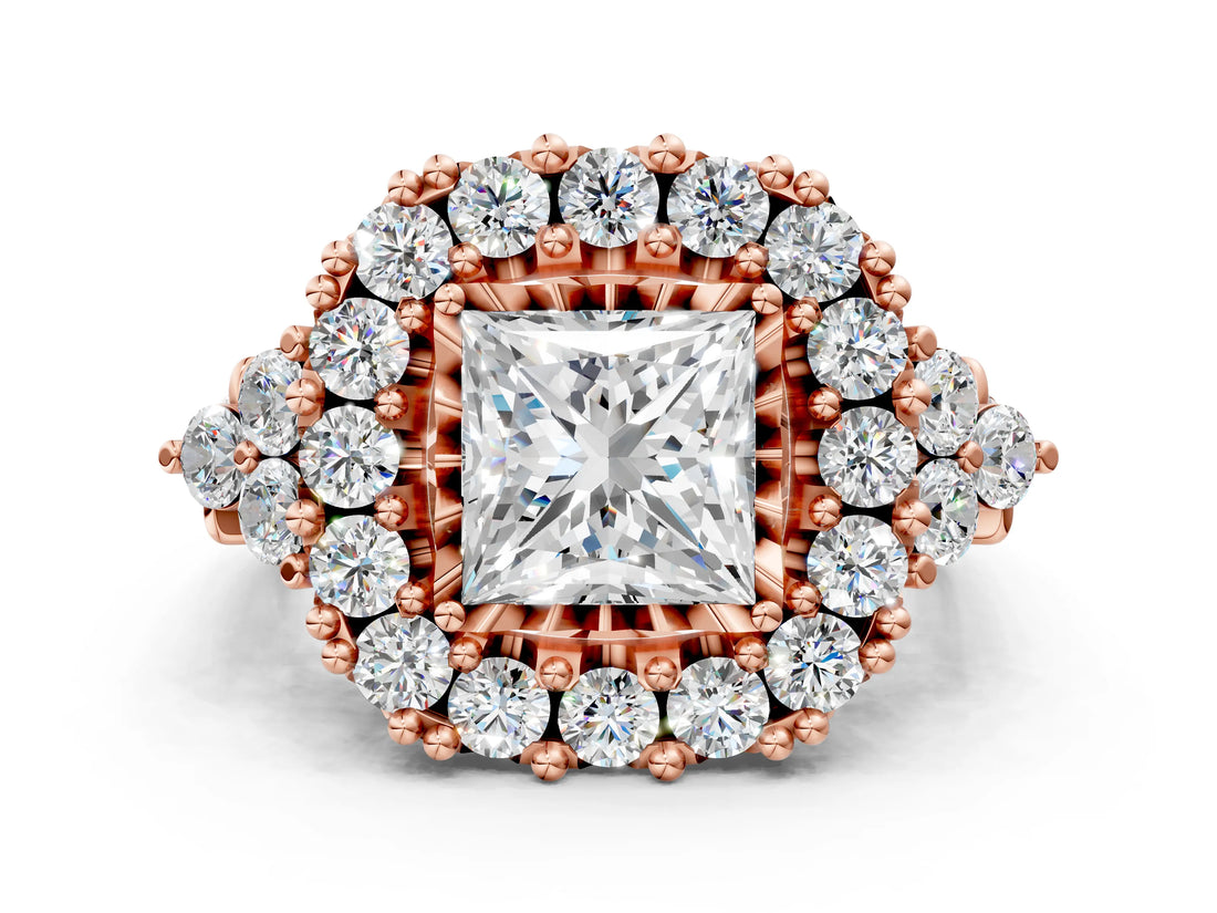 Rose gold Princess Cut Diamond Halo Ring with Pavé Band and Four-Prong Setting_41