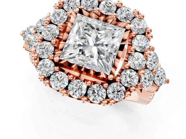 Rose Gold Princess Cut Halo Crossover Pave Engagement Ring Setting